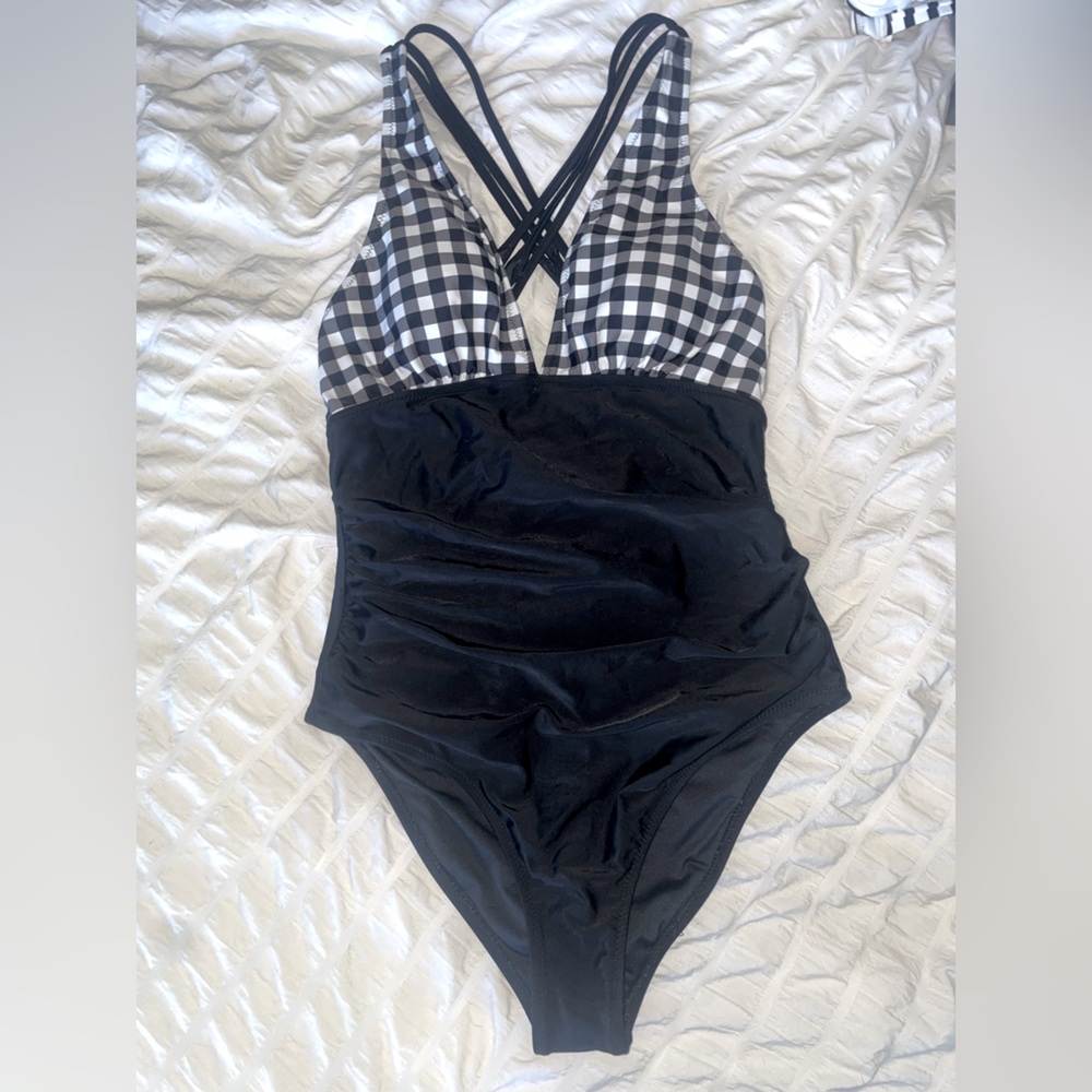 Black and plaid tummy control one piece